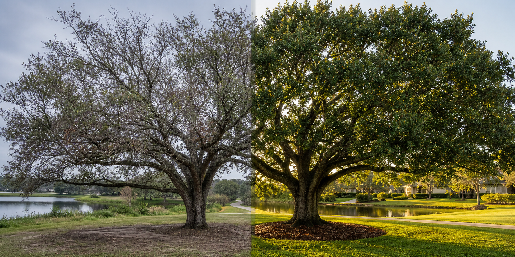 Before and after live oak care example