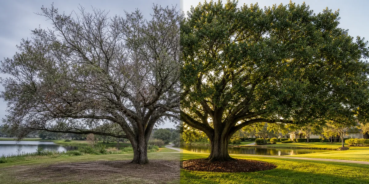 Before and after view of a stressed live oak restored to a thriving live oak
