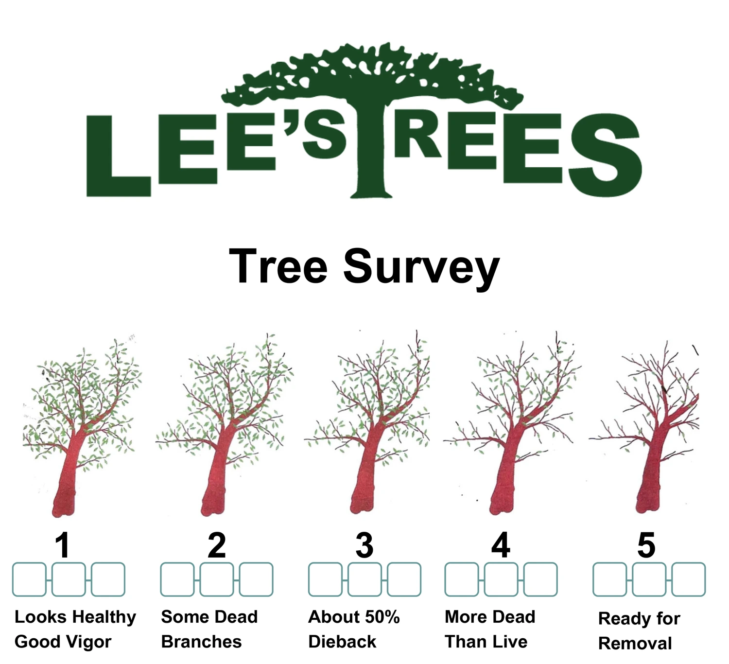 Tree health scale from 1 Thriving to 5 Critical: a full healthy canopy declining to a bare tree, with matching numbered color-coded map pins